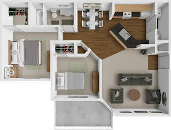 A top-down view of a small apartment layout with a kitchen, living room, and bedroom.
