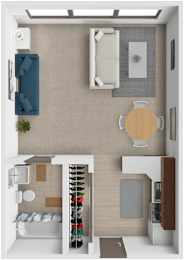 A top-down view of a small apartment with a kitchen, living room, and bathroom.