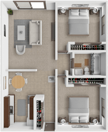 A 3D floor plan of a small apartment with a kitchen, living room, and bathroom.