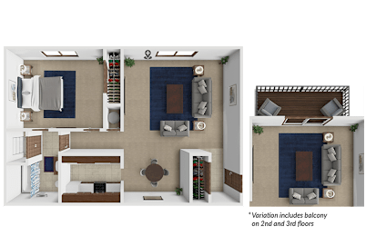 A 3D floor plan of a house with a balcony on the second and third floors.