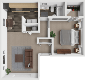 a 3d drawing of one bedroom and one  bathroom and a living room