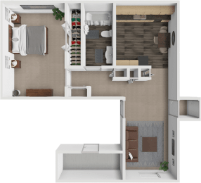 a 3d rendering of a floor plan with a bedroom and a bathroom