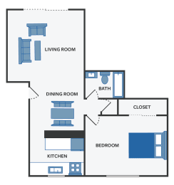 one bedroom one bathroom floor plan at Lakecrest Apartments