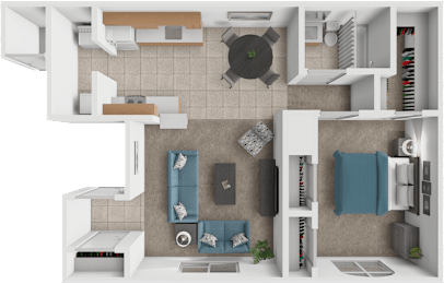 A 3D rendered image of a modern kitchen and living room.