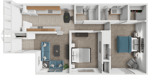 A 3D rendered image of a modern apartment layout.