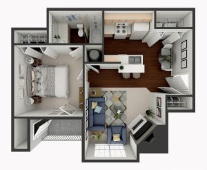 a 3d floor plan with a bedroom and a living room