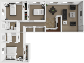 A 3D rendered image of a modern kitchen and living room.