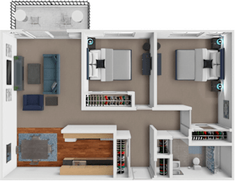 A 3D rendered image of a small apartment layout.