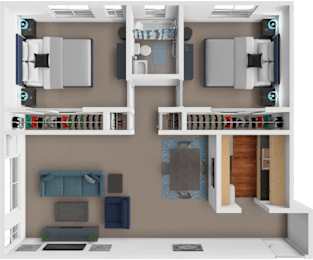 A 3D rendered image of a modern apartment layout.