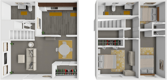 three bedroom townhome floor plan at lake point apartments