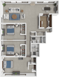 A 3D floor plan of a house with a kitchen, living room, and bedrooms.
