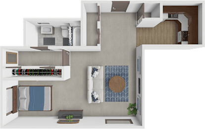 A 3D rendered image of a modern apartment layout.