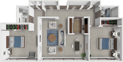 A 3D floor plan of a house showing a kitchen, living room, and bathroom.
