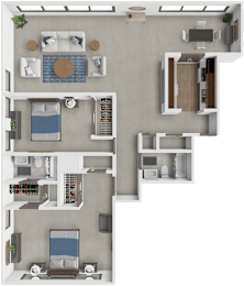 A 3D floor plan of a small apartment with a bedroom, living room, kitchen, and bathroom.
