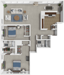 A 3D floor plan of a house with a living room, kitchen, dining room, and bedrooms.