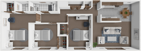 A 3D floor plan of a house showing the layout of the rooms.