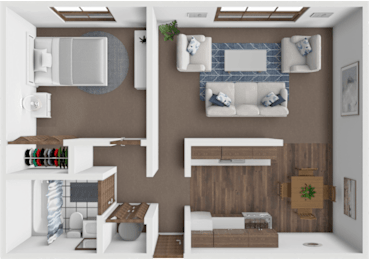 A 3D rendered image of a modern living room with a sofa, a coffee table, and a TV.