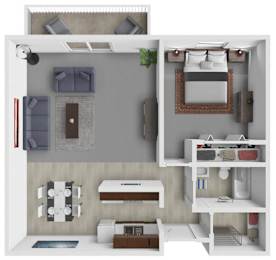 A 3D rendered image of a modern bedroom with a bed, nightstand, and a mirror.