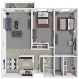 A floor plan of a house with a living room, kitchen, and bathroom.