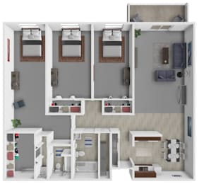 A 3D floor plan of a small apartment with two bedrooms, a living room, and a kitchen.
