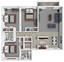 A 3D floor plan of a small apartment with two bedrooms, a living room, and a kitchen.