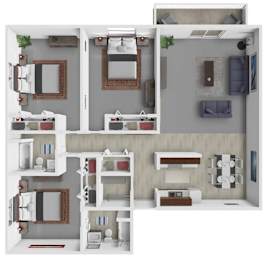 A 3D floor plan of a small apartment with two bedrooms, a living room, and a kitchen.