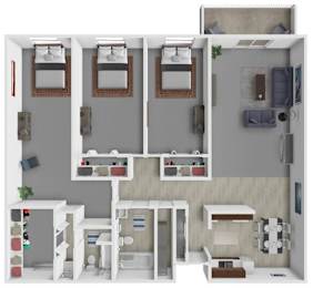 A 3D rendered image of a small apartment layout.