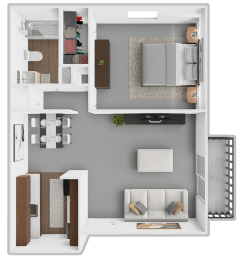a 3d rendering of a bedroom and living room floor plan