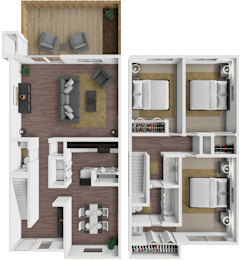 A set of four images showing different layouts of a room with furniture.