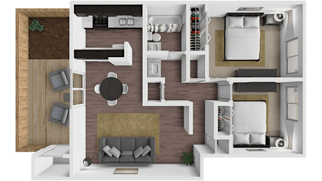A top-down view of a modern apartment layout with a kitchen, living room, and bedroom.