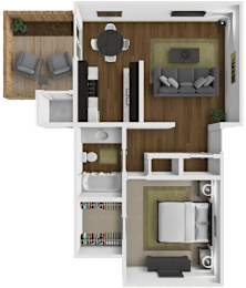 A top-down view of a modern apartment layout with a living room, dining area, kitchen, and bedroom.