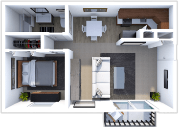 a 3d rendering of our 1 bedroom apartment at the crossings at white marsh apartments in white