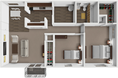 A 3D rendered image of a modern apartment layout.