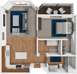 A 3D floor plan of a house showing a living room, kitchen, and bathroom.