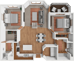 A 3D rendered image of a house layout with a kitchen, living room, dining area, and two bedrooms.