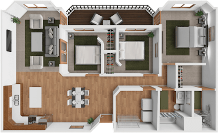 A 3D floor plan of a house with a kitchen, living room, and bathrooms.