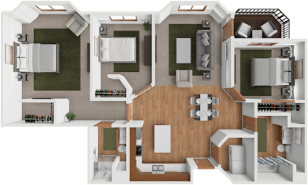 A 3D floor plan of a house layout.