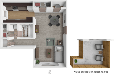 A top-down view of a living room with a couch, coffee table, and a note that patio is available in select homes.