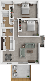 A top-down view of a house interior with a kitchen, living room, and bathroom.