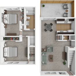 A 3D floor plan of a house with two different layouts.