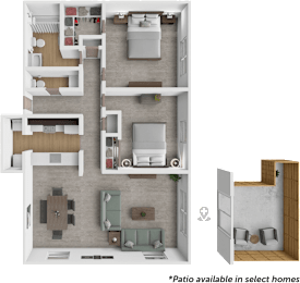 A 3D floor plan of a home layout with a kitchen, living room, and bedrooms.