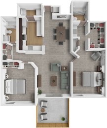 A top-down view of a house floor plan with a kitchen, living room, bedrooms, and bathrooms.