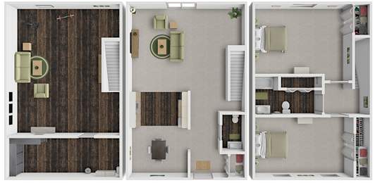 A floor plan of a house with a kitchen, living room, and bedrooms.