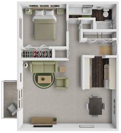 A top-down view of a house layout with a bedroom, living room, kitchen, and bathroom.