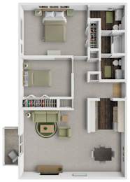 A 3D floor plan of a small apartment with two bedrooms, a living room, and a kitchen.