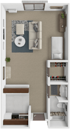 A small apartment with a bed, a couch, a table, and a shelf with various items.