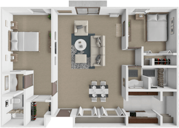 A 3D floor plan of a small apartment with a kitchen, living room, and bedrooms.