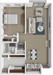 A 3D floor plan of a small apartment with a kitchen, living room, and bedroom.