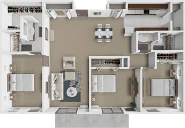 A 3D floor plan of a house showing the layout of the rooms.