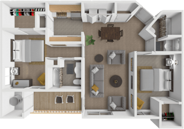 A 3D rendered image of a house layout.